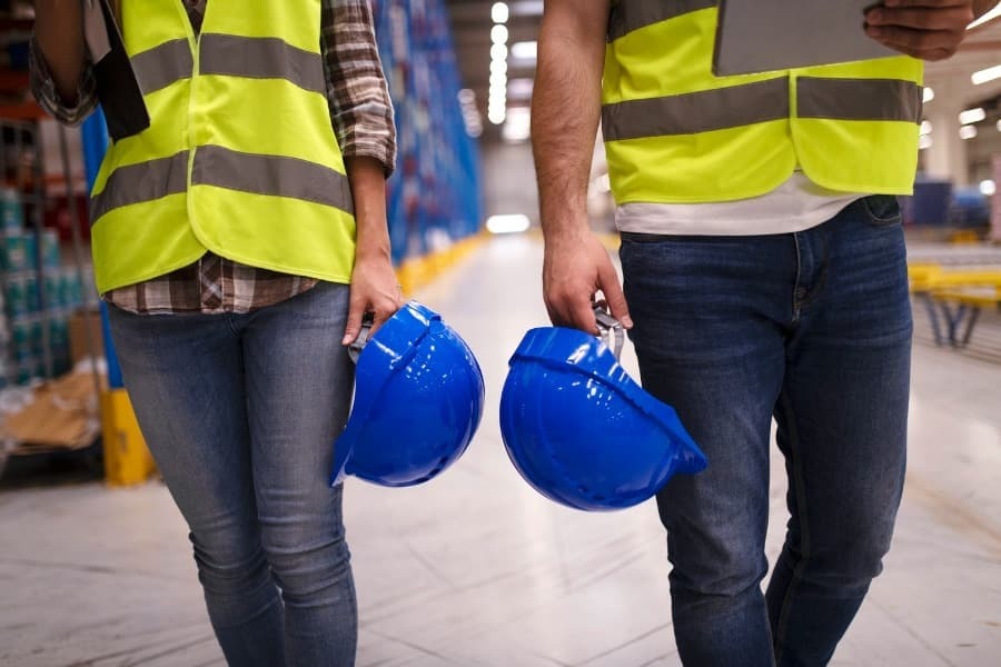 Duas pessoas andando em estoque devidamente vestidos com seus EPIs, com o capacete em uma mão e a prancheta na outra fazendo vistorias Duas pessoas andando em estoque devidamente vestidos com seus EPIs, com o capacete em uma mão e a prancheta na outra fazendo vistorias