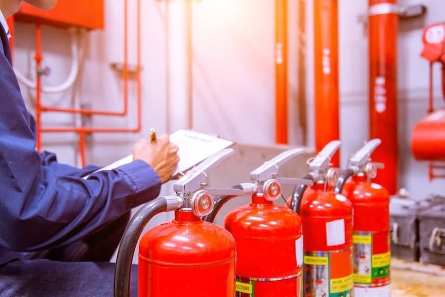 Homem com Prancheta fazendo check list de extintores Homem com Prancheta fazendo check list de extintores