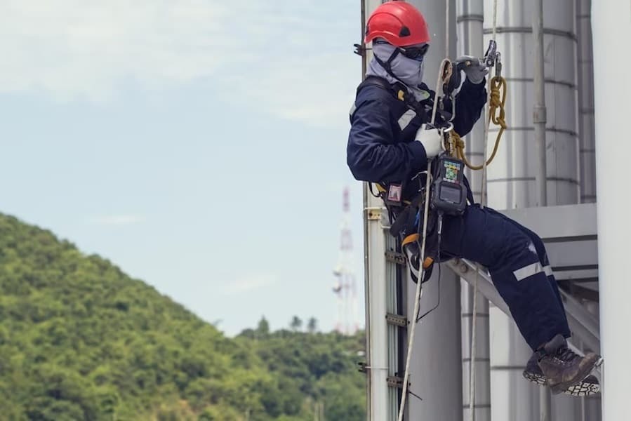 Homem pendurado pela corda representando segurança do trabalho nas alturas NR-35 Homem pendurado pela corda representando segurança do trabalho nas alturas NR-35